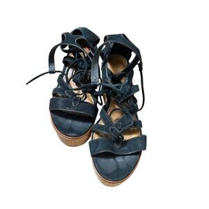 Frye Black Strappy Platform Cork Wedge Sz 8